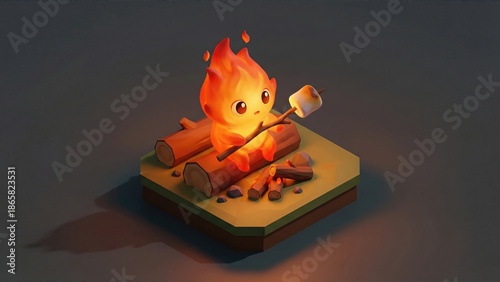 Cute kawaii fire character roasting marshmallow on a stick over logs in a cartoon isometric campfire illustration for game asset or kids design.