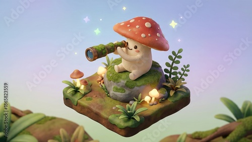 Cute mushroom character looking through a telescope on a floating island. Discovery, exploration, and adventure concept for childrens content.