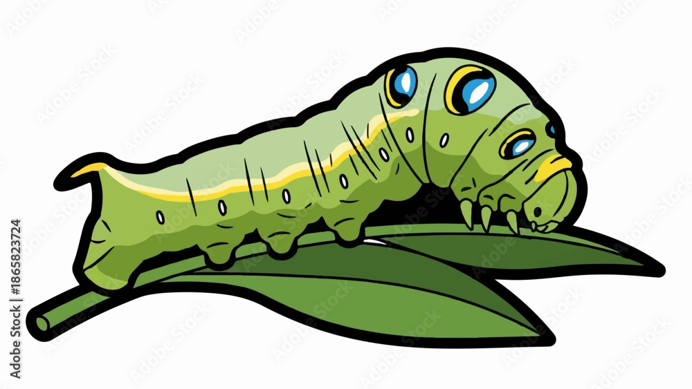 Obraz premium A cartoon caterpillar with blue and yellow eyes crawls on a green leaf