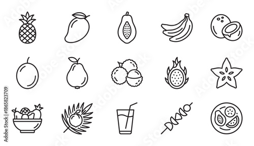 Set of tropical fruit line icons featuring pineapple, mango, papaya, banana, coconut, and other exotic fruits, including fruit salad, juice, and skewers in a minimalist vector style
