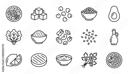 Set of healthy food and ingredient icons in a simple black line art style showing various plant-based meal components like salad, tofu, avocado, nuts, and vegetables
