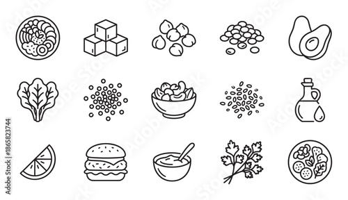 Set of vegan food line icons including tofu, avocado, legumes, grains, and salad, a minimalist collection of plant-based meal ingredient symbols for healthy eating concepts