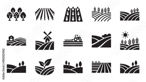 Set of black farm and agriculture icons showing various rural scenes like fields, a tractor, a windmill, and crops in a simple glyph style collection for design