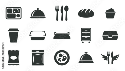 Set of fifteen black food delivery icons including takeaway containers, cutlery, a coffee cup, and service bell symbols for restaurant and catering businesses