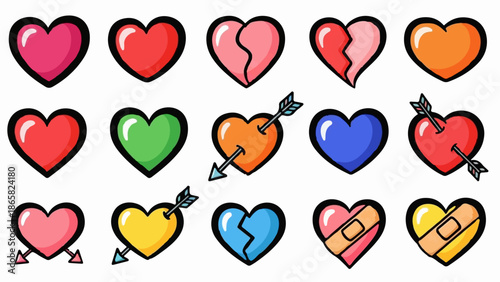 A collection of colorful hearts, some whole, some broken, some pierced by arrows, and some bandaged