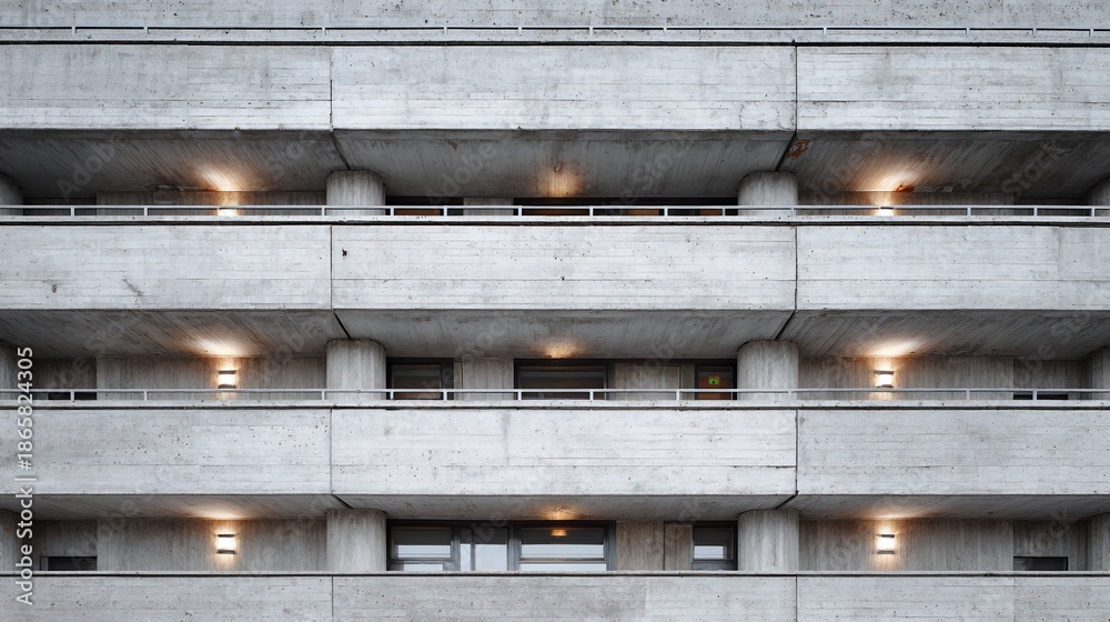 Naklejka premium Concrete building facade with glowing lights on balconies, modern architecture, urban background