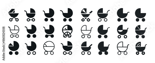 Collection of baby carriage icon variations in black and white design