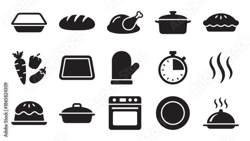 Black cooking and baking glyph icon set including roasted chicken, pie, bread, vegetables, oven, pot, and timer symbols for culinary and food-related themes