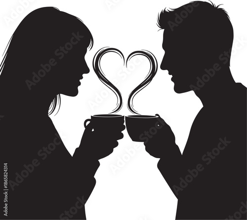 Romantic Couple Drinking Coffee with Heart-Shaped Steam Silhouette Vector Love and Relationship Concept for Valentine’s Day, Dating, and Togetherness Themes