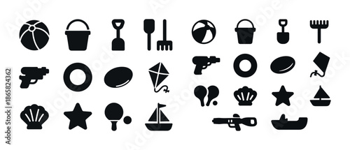 Beach and playground icons: balls, toys, boats, kites, shovels, rakes in black silhouette