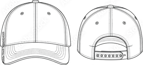 Baseball cap technical sketch vector template with front and back view featuring adjustable snapback closure and stitched brim for fashion design.