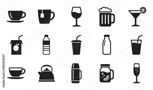 Set of black drink and beverage icons featuring coffee, tea, wine, beer, cocktails, and soft drinks in various glassware and containers in a simple minimalist pictogram style