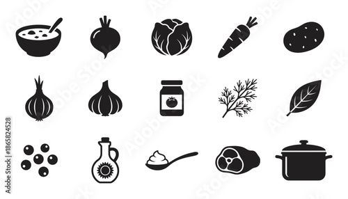 Set of black silhouette food icons for borscht soup ingredients including beetroot, cabbage, carrot, potato, meat, onion, garlic, and other cooking elements in a flat graphic style
