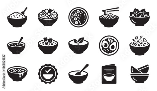 Collection of black food bowl icons showing various meals like noodles, salad, rice, soup, and breakfast in a simple minimalist glyph style for restaurant menus and apps