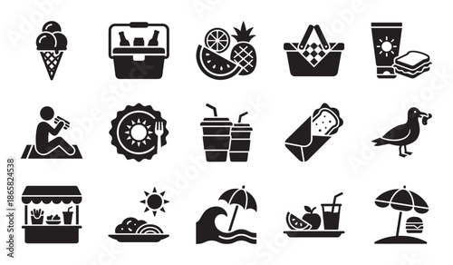 Black and white summer vacation icon set featuring picnic essentials like a cooler, basket, fruit, and beach items like an umbrella and sunscreen in a clean glyph silhouette style
