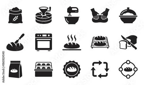 Black glyph icon set for bread making and the bakery production process, featuring simple pictograms for flour, dough kneading, oven baking, slicing, and packaging