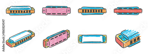 Colorful hand-drawn harmonica musical instrument collection shown from various angles in a playful doodle style with a rough texture and bright, vibrant colors for a retro feel