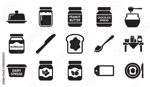 Breakfast spread and jam icon set collection with various food items like peanut butter, honey, chocolate, and marmalade in a simple black and white glyph style illustration