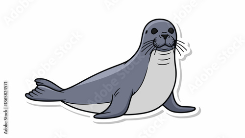 A cartoon seal with grey and white fur, whiskers, and dark eyes, on a white background