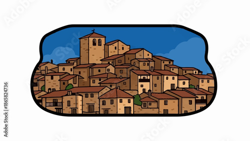 A cartoon depiction of a crowded, hilly town with a prominent church steeple