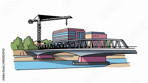 A bridge spans a river near buildings and a construction crane