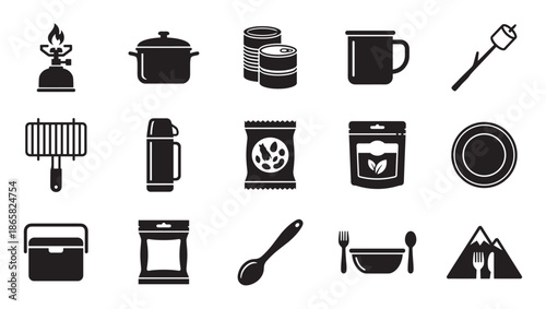 Set of black camping food icons featuring a stove, cooking pot, canned goods, mug, marshmallow, grill, thermos, cooler, and utensils for outdoor adventure and hiking