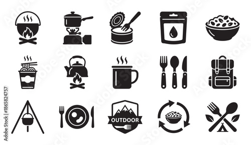 Collection of black silhouette icons for camping and hiking, featuring outdoor cooking equipment, portable food, and travel gear in a minimalist vector design