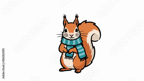 A cartoon squirrel wearing a teal striped scarf