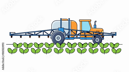 A cartoon sprayer vehicle moves over a row of green sprouts in a field