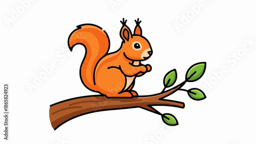 A cartoon squirrel with a bushy tail sits on a tree branch with green leaves