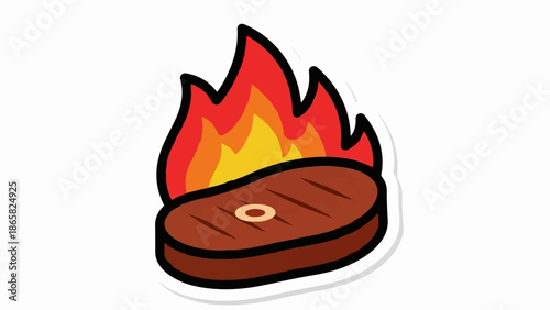 A cartoon steak cooks over stylized orange and red flames on a white background with a subtle shadow