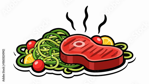 A cartoon steak with steaming effects served alongside green noodles, cherry tomatoes, and lemon slices