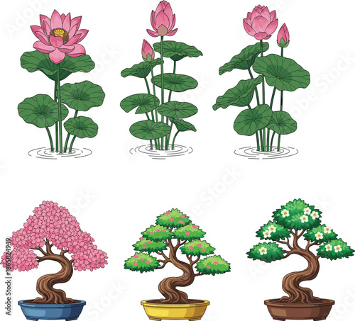 Collection of pink lotus flowers and decorative bonsai trees in pots, botanical illustration set isolated on white background