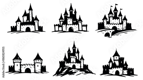 Hand drawn castle set featuring various fantasy fortresses and medieval architecture for fairy tale stories