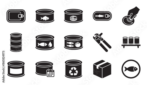 Black glyph icons of canned fish and seafood showing various tins, a can opener, packaging, and recycling symbols in a minimalist vector style set