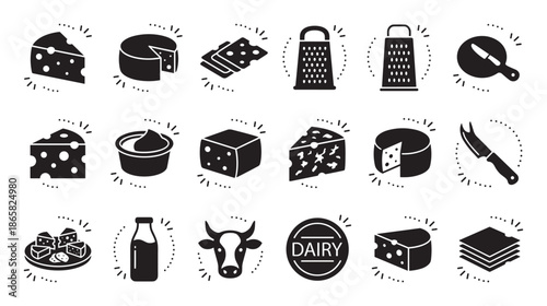 Black and white dairy product icons set featuring various types of cheese, a milk bottle, cow head, grater, and knife in a minimalist glyph style for food and cooking concepts