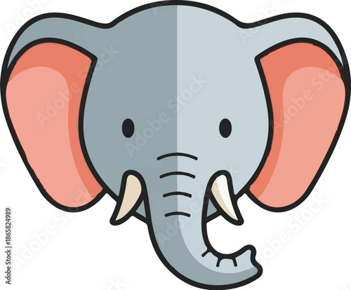 A cartoon elephant's face with large pink inner ears, tusks, and a trunk curving to the right