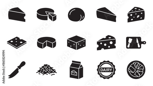 Collection of black cheese icons representing various dairy products and food items in a minimalist glyph style, including wedges, wheels, slices, grated cheese, milk, and pizza
