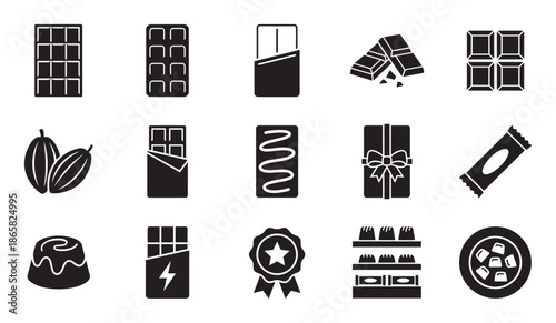 Collection of black chocolate and candy glyph icons showing various sweets, cocoa beans, bars, pralines, and gift boxes in a simple flat vector illustration for graphic design