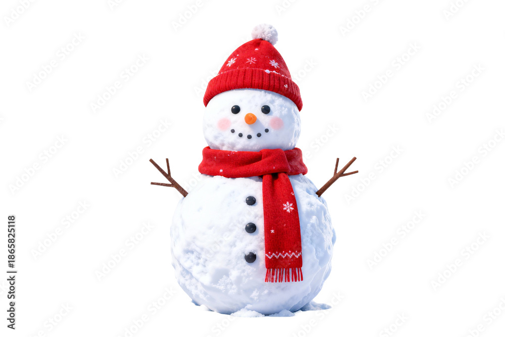 Fototapeta premium Cheerful Snowman in Red Hat and Scarf