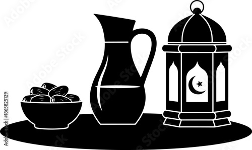Islamic Iftar Food Set Silhouette - Ramadan Dates, Water Jug, and Decorative Lantern Vector