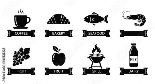 A collection of black silhouette icons representing various food and drink categories including coffee fruit and seafood silhouette