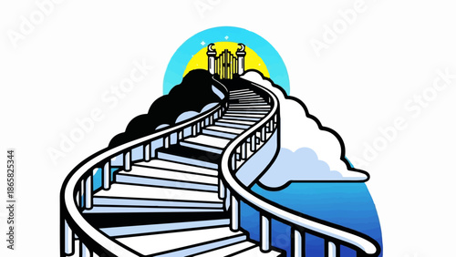 A bright, stylized staircase ascends into ornate gates, surrounded by clouds and a sunlit sky