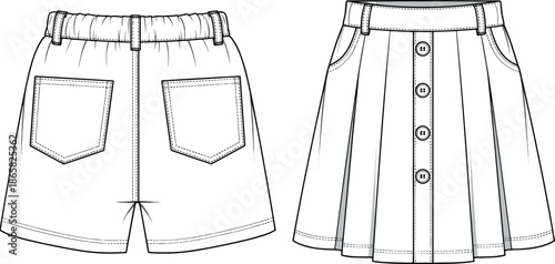 Flat fashion technical sketch of women's button down front mini skirt and shorts set with elastic waistband and patch pockets