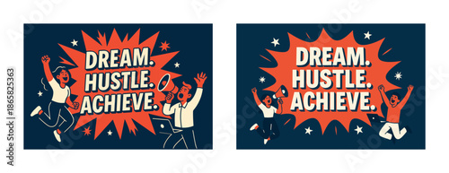 Dynamic illustration of diverse young adults celebrating success with inspirational text