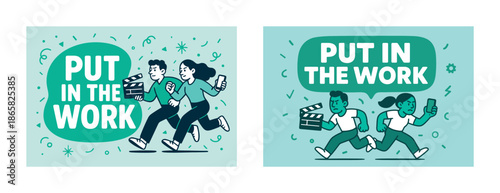 Cartoon characters running with clapperboard and phone in motivational scene