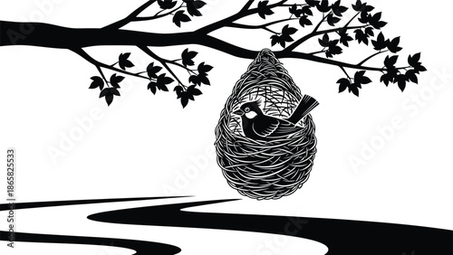 A detailed illustration of a bird resting inside a woven nest hanging from a branch silhouette