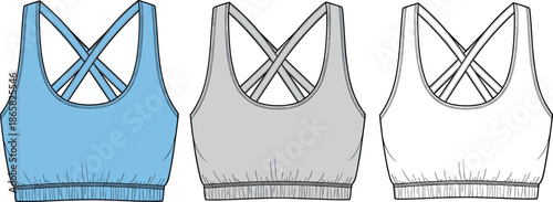 Sportswear technical sketch of a womens scoop neck sports bra with cross back straps and elasticated hem vector flat illustration.