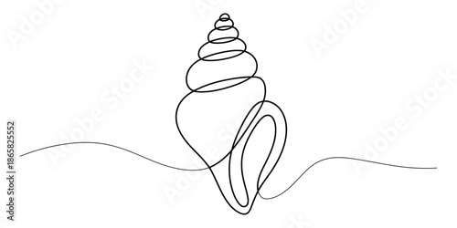 Continuous line drawing of a spiral seashell in a minimalist artistic style