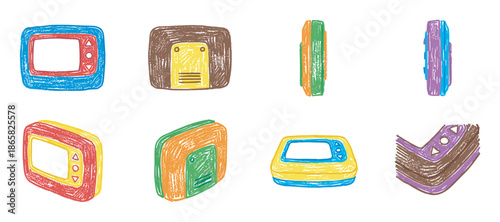 Collection of colorful retro electronic pagers and beepers is illustrated in a charming, hand-drawn crayon style, showcasing various vintage communication devices from different angles